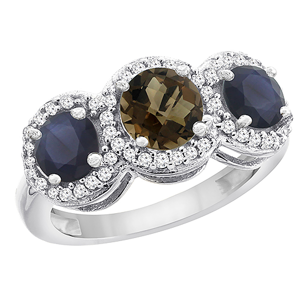 10K White Gold Natural Smoky Topaz &amp; High Quality Blue Sapphire Sides Round 3-stone Ring Diamond Accents, sizes 5 - 10