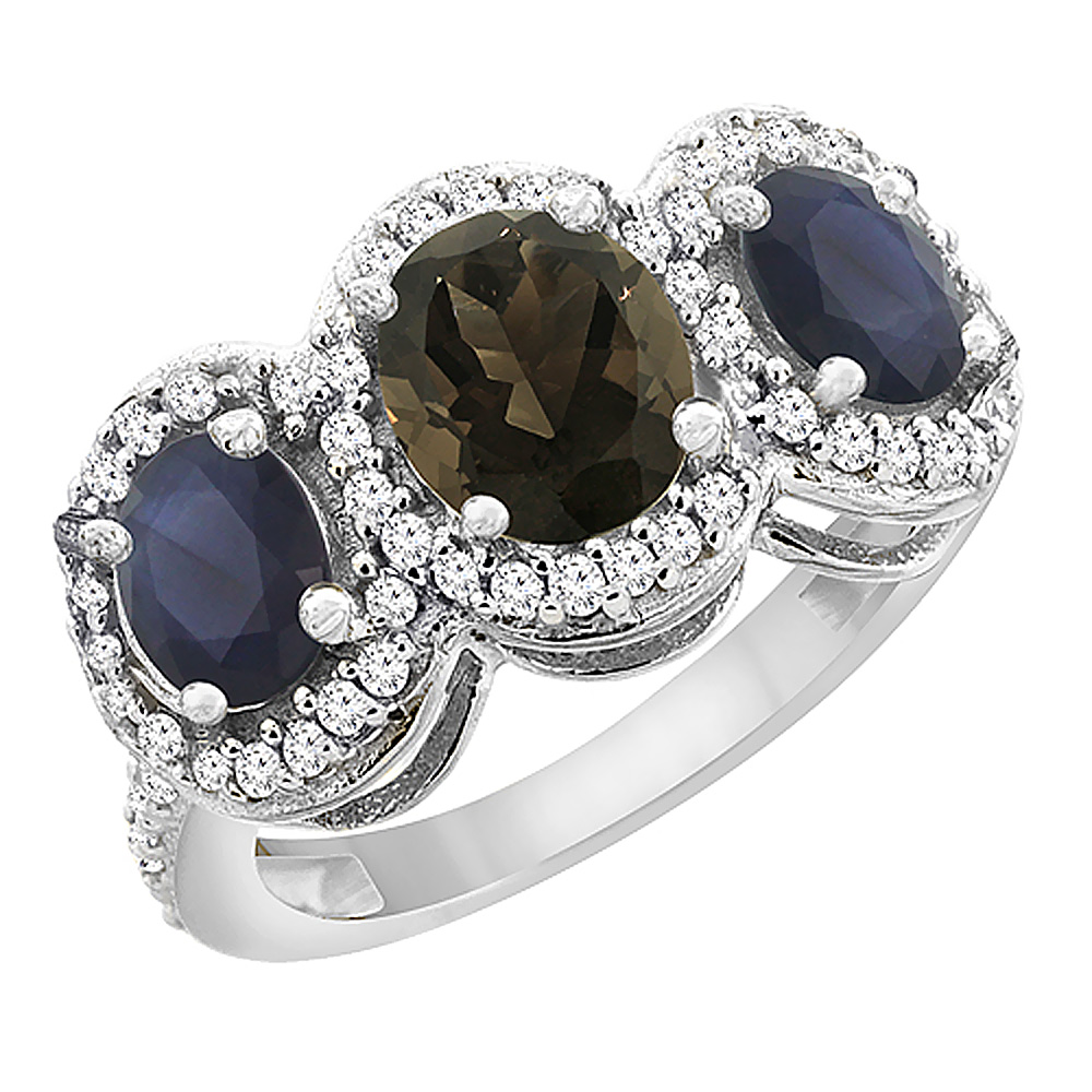 10K White Gold Diamond Natural Smoky Topaz 7x5mm &amp; 6x4mm Quality Blue Sapphire Oval 3-stone Ring,sz5 - 10