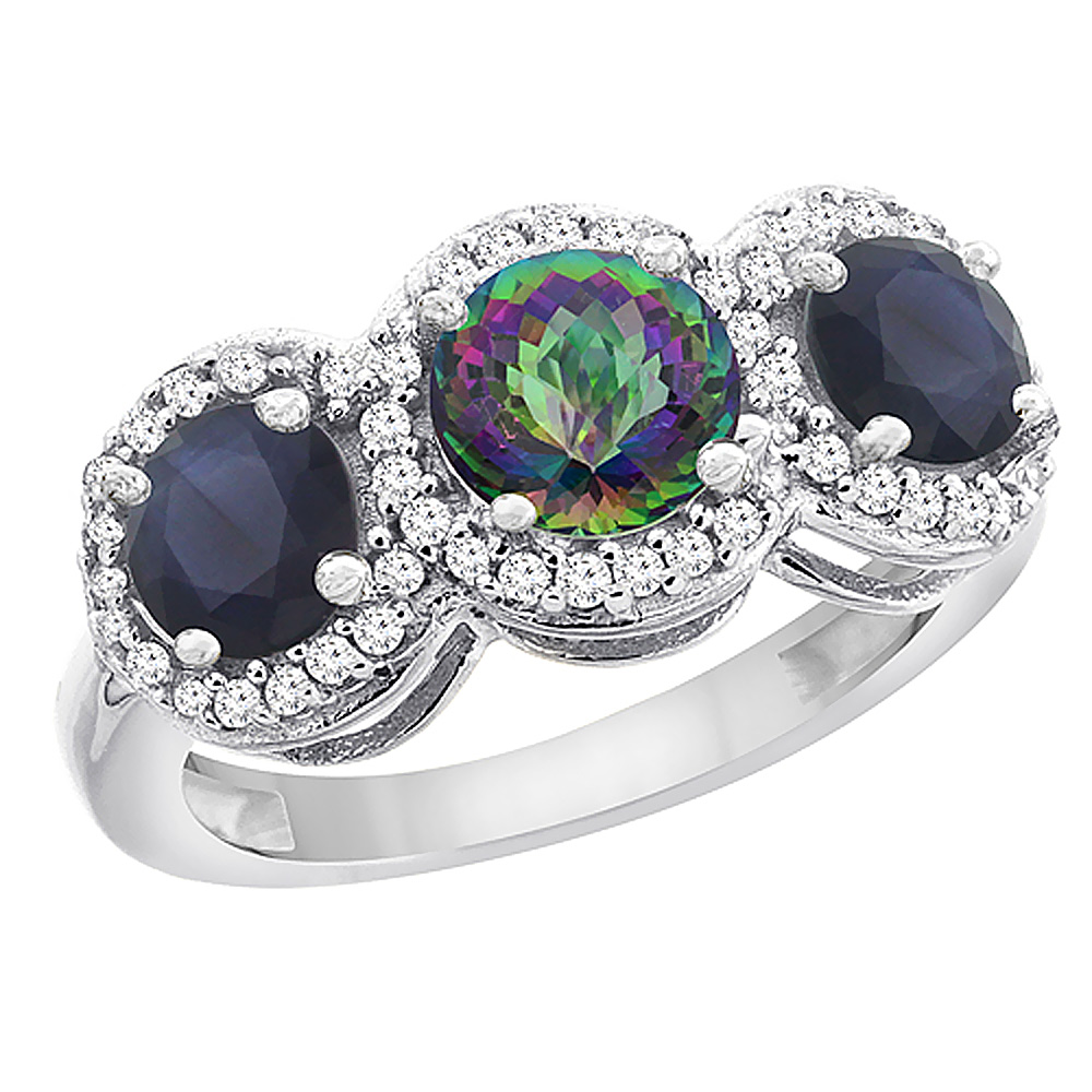 10K White Gold Natural Mystic Topaz &amp; High Quality Blue Sapphire Sides Round 3-stone Ring Diamond Accents, sizes 5 - 10