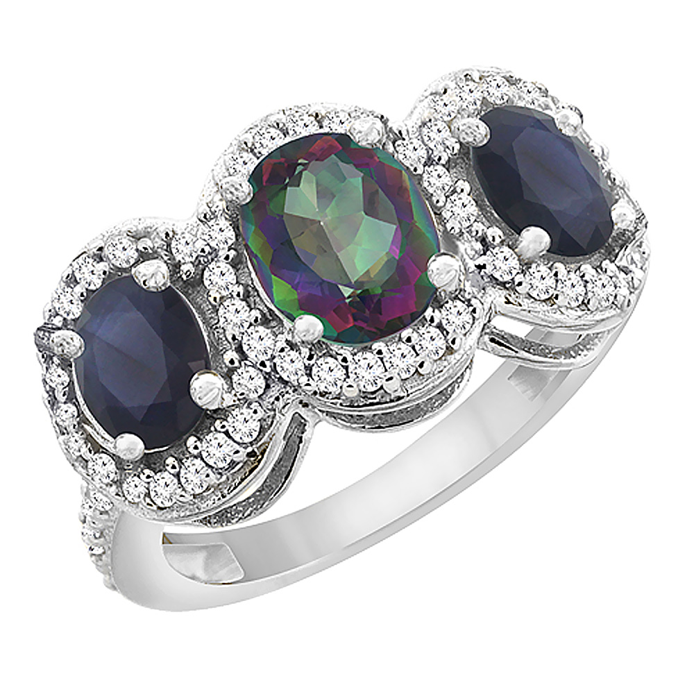 10K White Gold Diamond Natural Mystic Topaz 7x5mm & 6x4mm Quality Blue Sapphire Oval 3-stone Ring,sz5-10