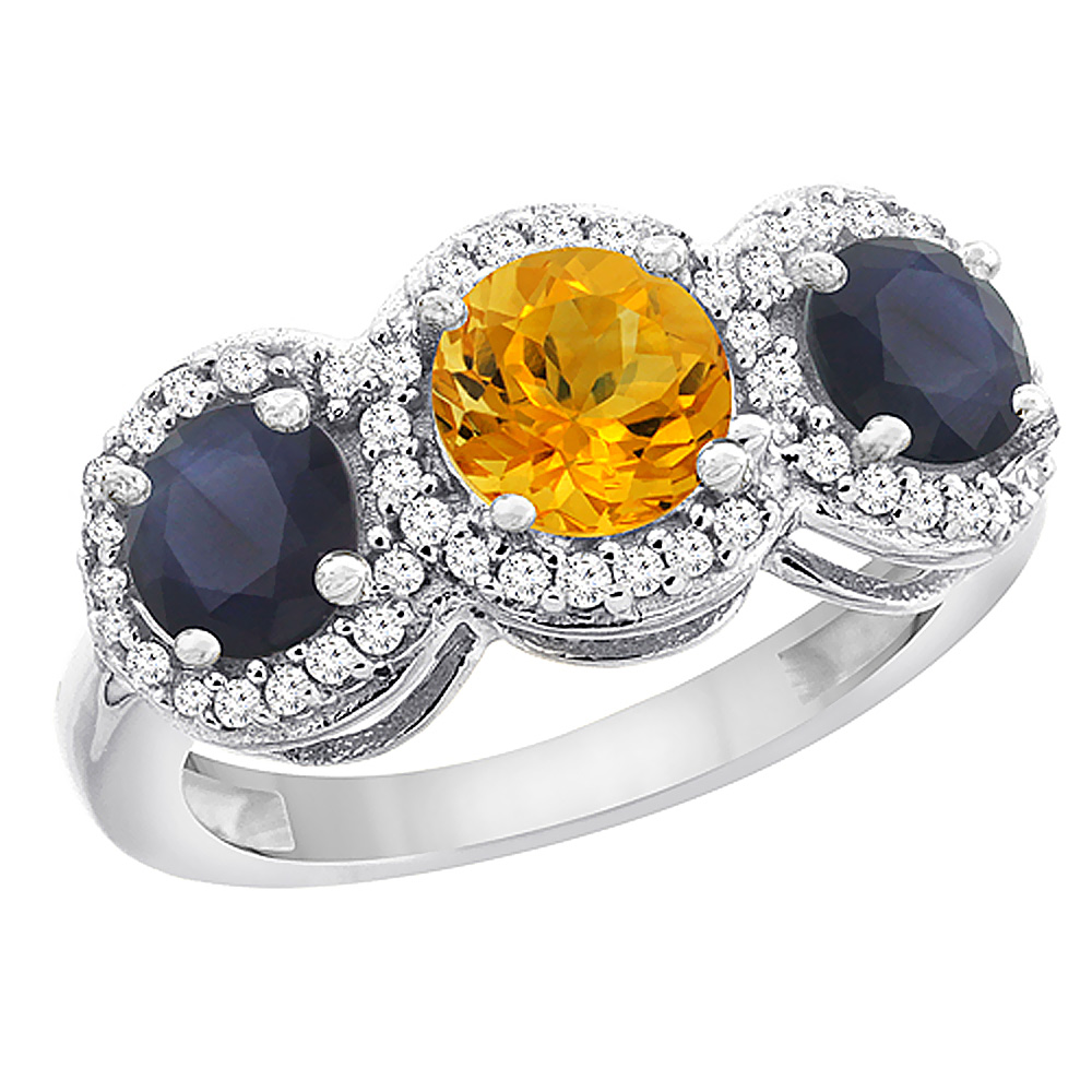 14K White Gold Natural Citrine &amp; High Quality Blue Sapphire Sides Round 3-stone Ring Diamond Accents, sizes 5 - 10
