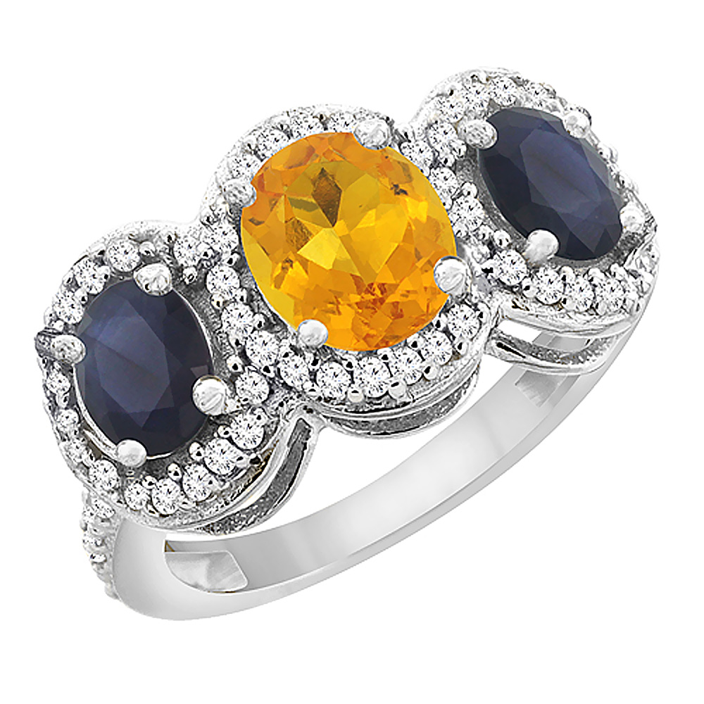 14K White Gold Natural Citrine & Quality Blue Sapphire 3-stone Mothers Ring Oval Diamond Accent, sz5 - 10