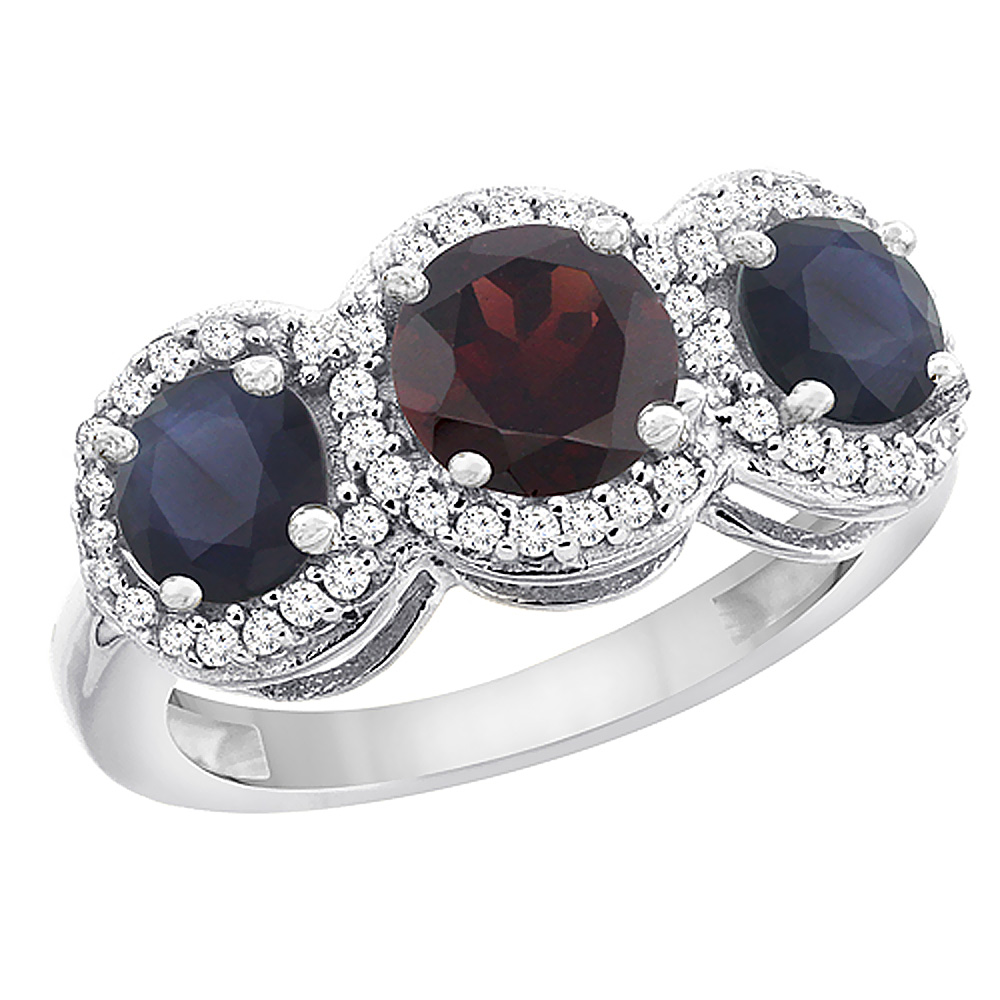 14K White Gold Natural Garnet &amp; High Quality Blue Sapphire Sides Round 3-stone Ring Diamond Accents, sizes 5 - 10