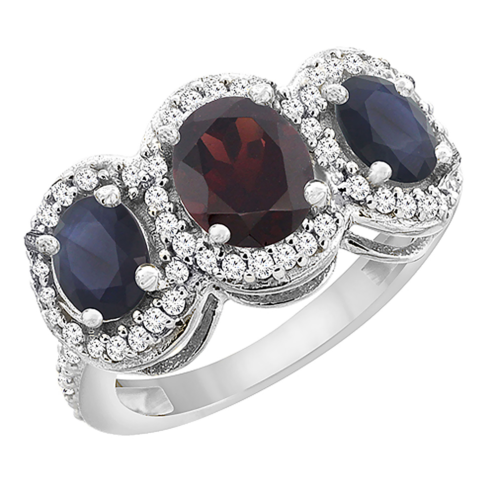 14K White Gold Natural Garnet & Quality Blue Sapphire 3-stone Mothers Ring Oval Diamond Accent, sz5 - 10