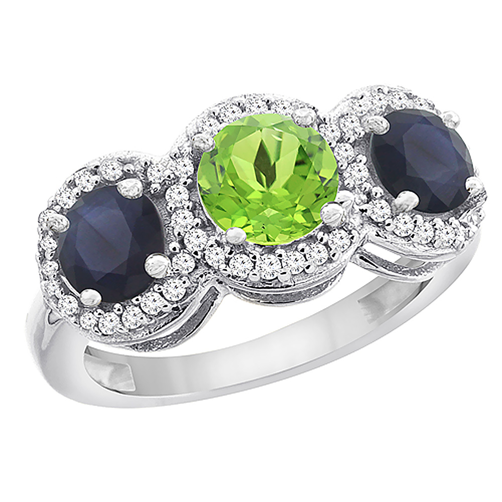 14K White Gold Natural Peridot &amp; High Quality Blue Sapphire Sides Round 3-stone Ring Diamond Accents, sizes 5 - 10