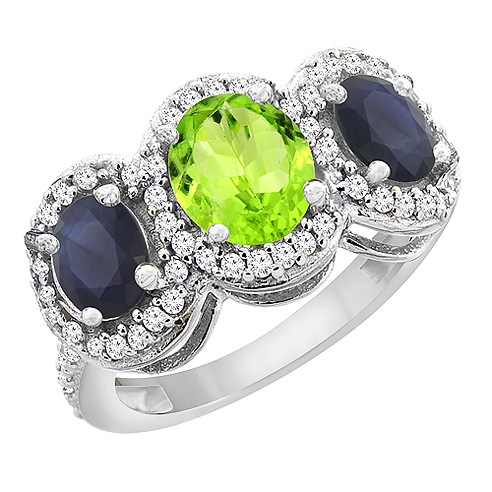 14K White Gold Natural Peridot &amp; Quality Blue Sapphire 3-stone Mothers Ring Oval Diamond Accent, sz5 - 10