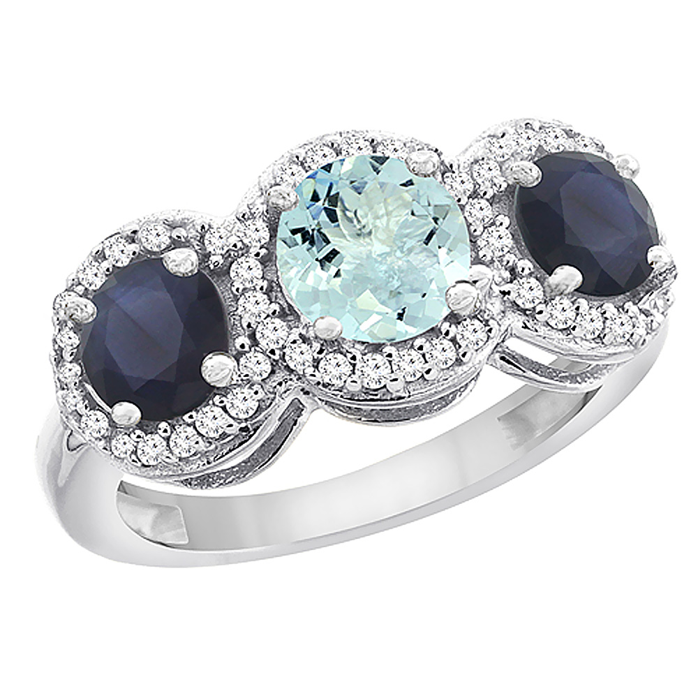 14K White Gold Natural Aquamarine &amp; High Quality Blue Sapphire Sides Round 3-stone Ring Diamond Accents, sizes 5 - 10