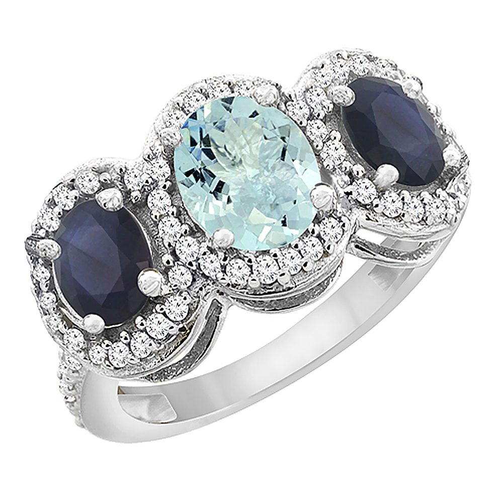 14K White Gold Natural Aquamarine &amp; Quality Blue Sapphire 3-stone Mothers Ring Oval Diamond Accent,sz5-10