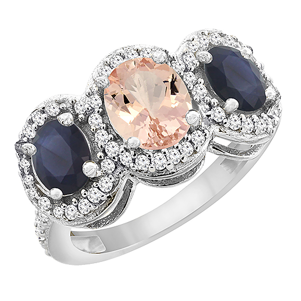 14K White Gold Natural Morganite & Quality Blue Sapphire 3-stone Mothers Ring Oval Diamond Accent,sz 5-10