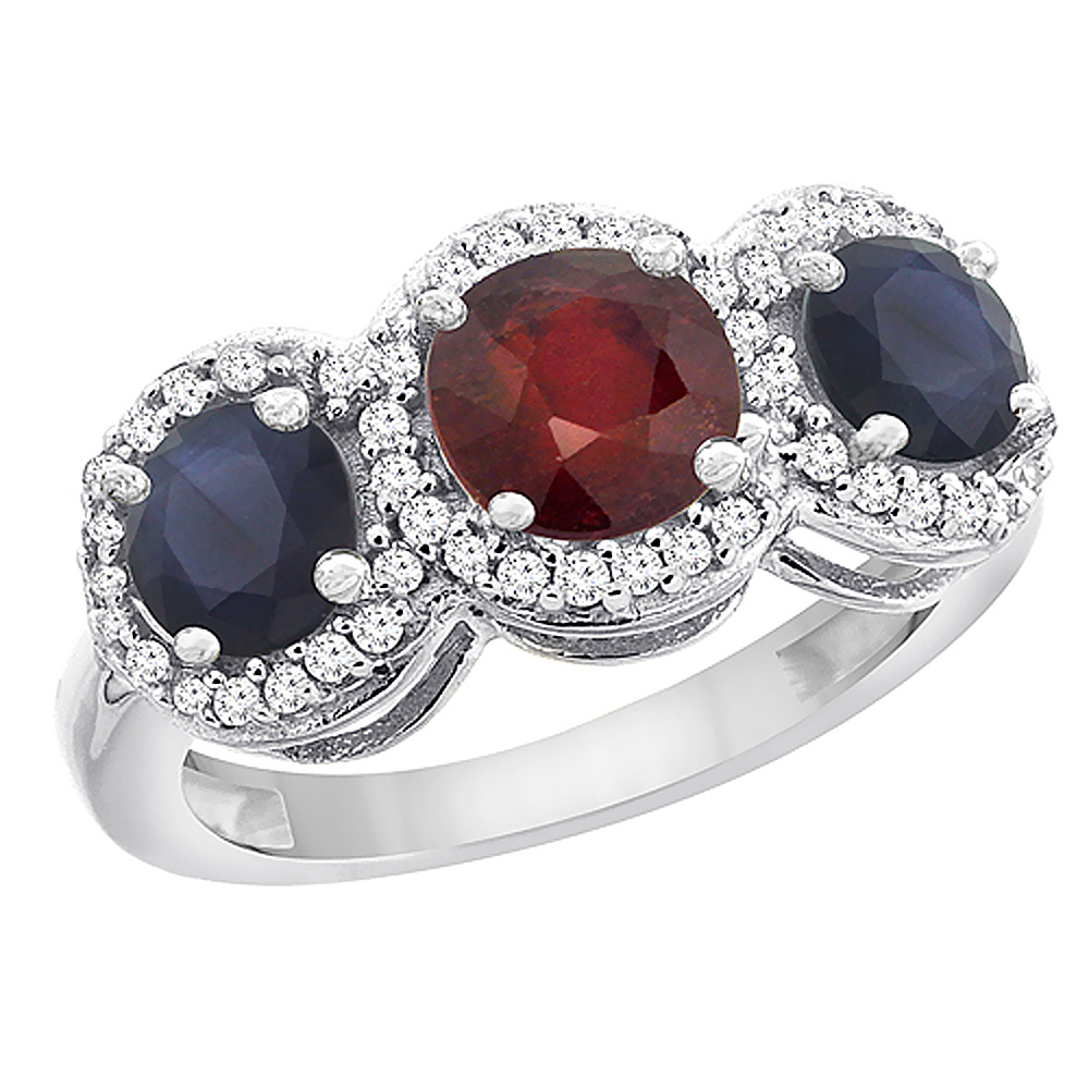 14K White Gold Enhanced Ruby & High Quality Blue Sapphire Sides Round 3-stone Ring Diamond Accents, sizes 5 - 10