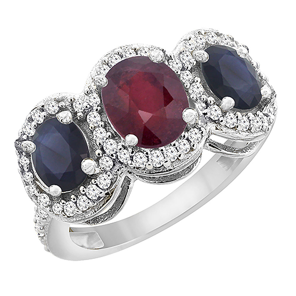 14K White Gold Natural Quality Ruby & Blue Sapphire 3-stone Mothers Ring Oval Diamond Accent, size 5 - 10