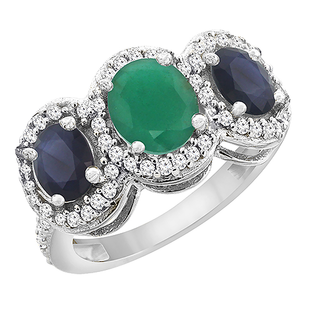 14K White Gold Natural Quality Emerald &amp; Blue Sapphire 3-stone Mothers Ring Oval Diamond Accent, sz5 - 10