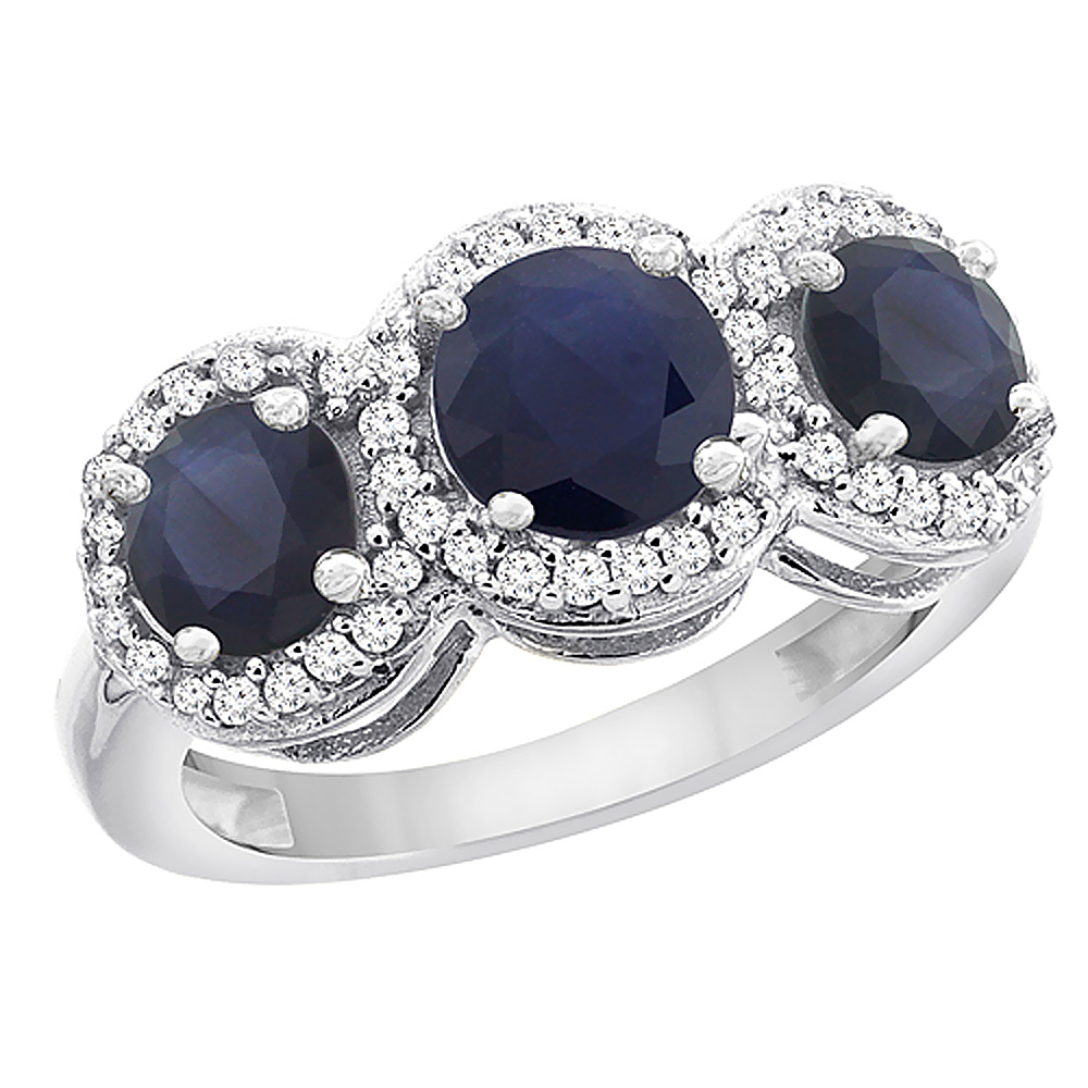 14K White Gold Natural High Quality Blue Sapphire Round 3-stone Ring Diamond Accents, sizes 5 - 10