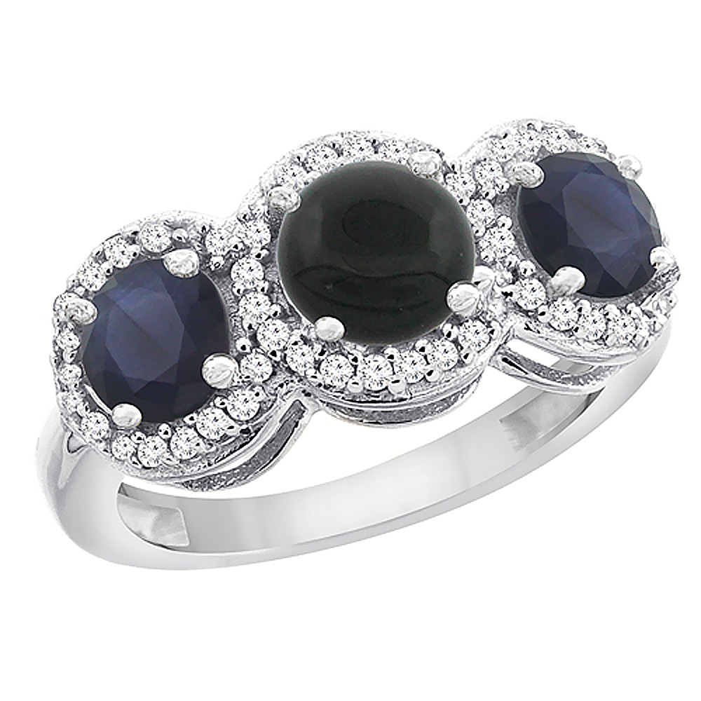 10K White Gold Natural Black Onyx &amp; High Quality Blue Sapphire Sides Round 3-stone Ring Diamond Accents, sizes 5 - 10