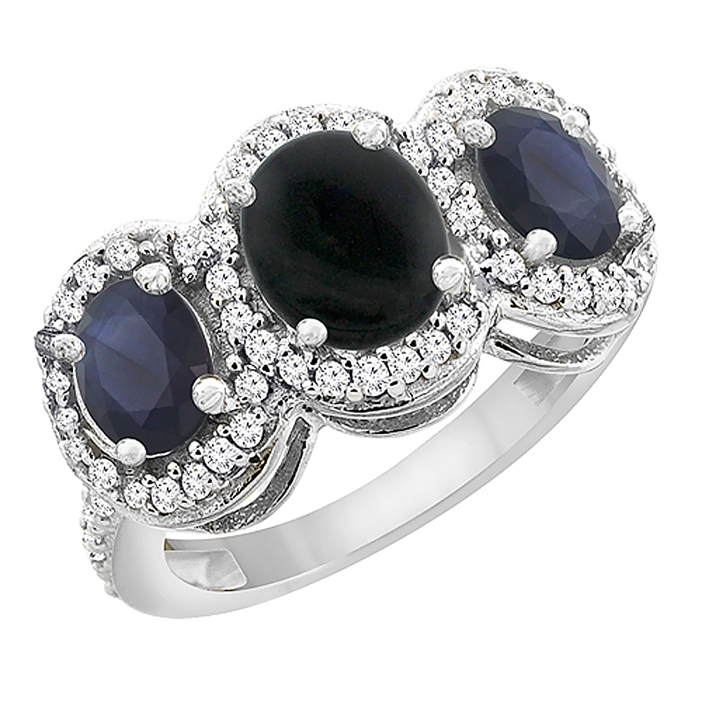 14K White Gold Natural Black Onyx & Quality Blue Sapphire 3-stone Mothers Ring Oval Diamond Accent,sz5-10