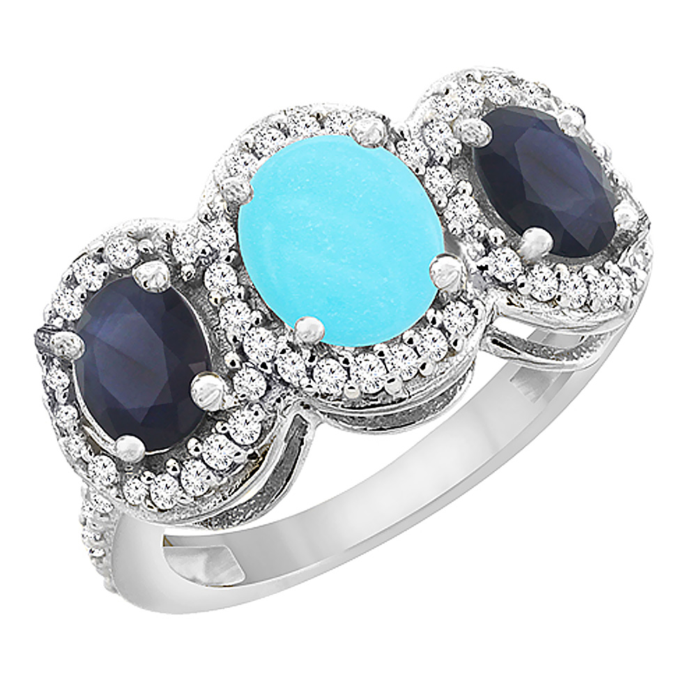 10K White Gold Natural Turquoise &amp; Quality Blue Sapphire 3-stone Mothers Ring Oval Diamond Accent,sz5-10
