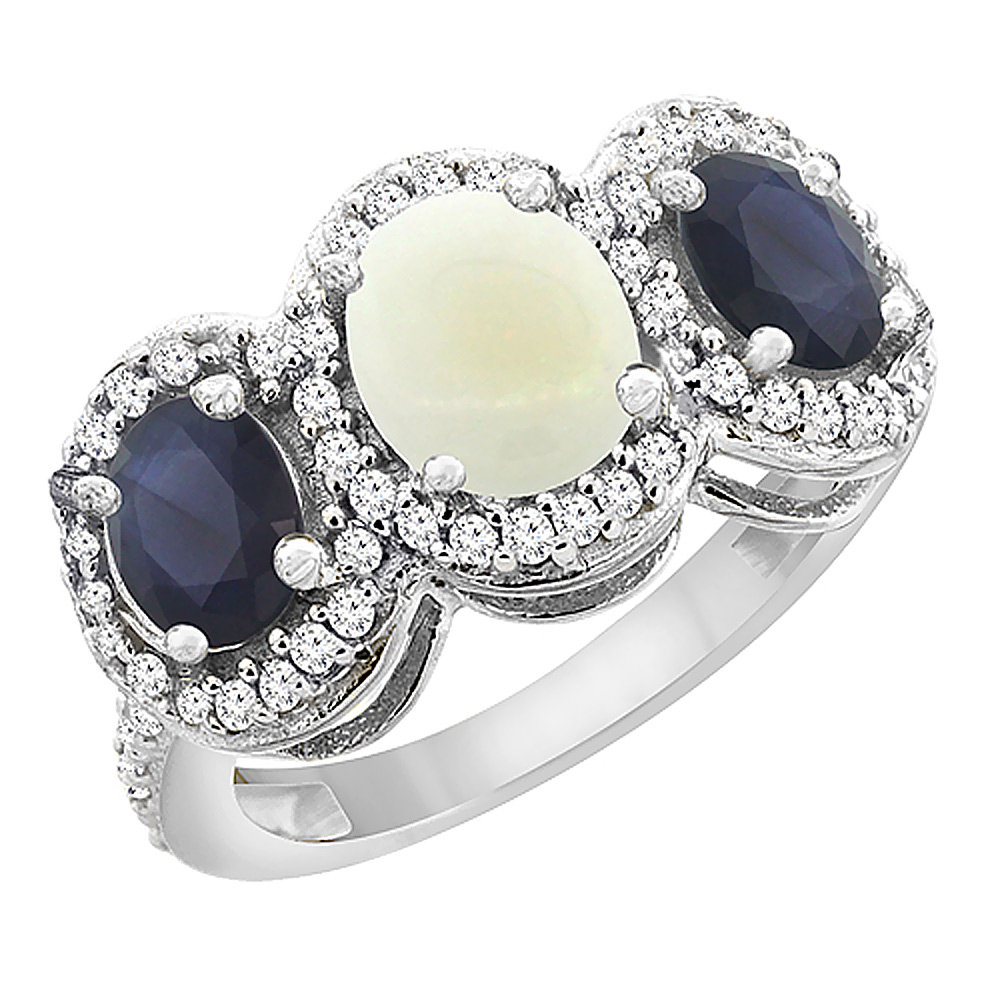 10K White Gold Natural Opal &amp; Quality Blue Sapphire 3-stone Mothers Ring Oval Diamond Accent, size 5 - 10