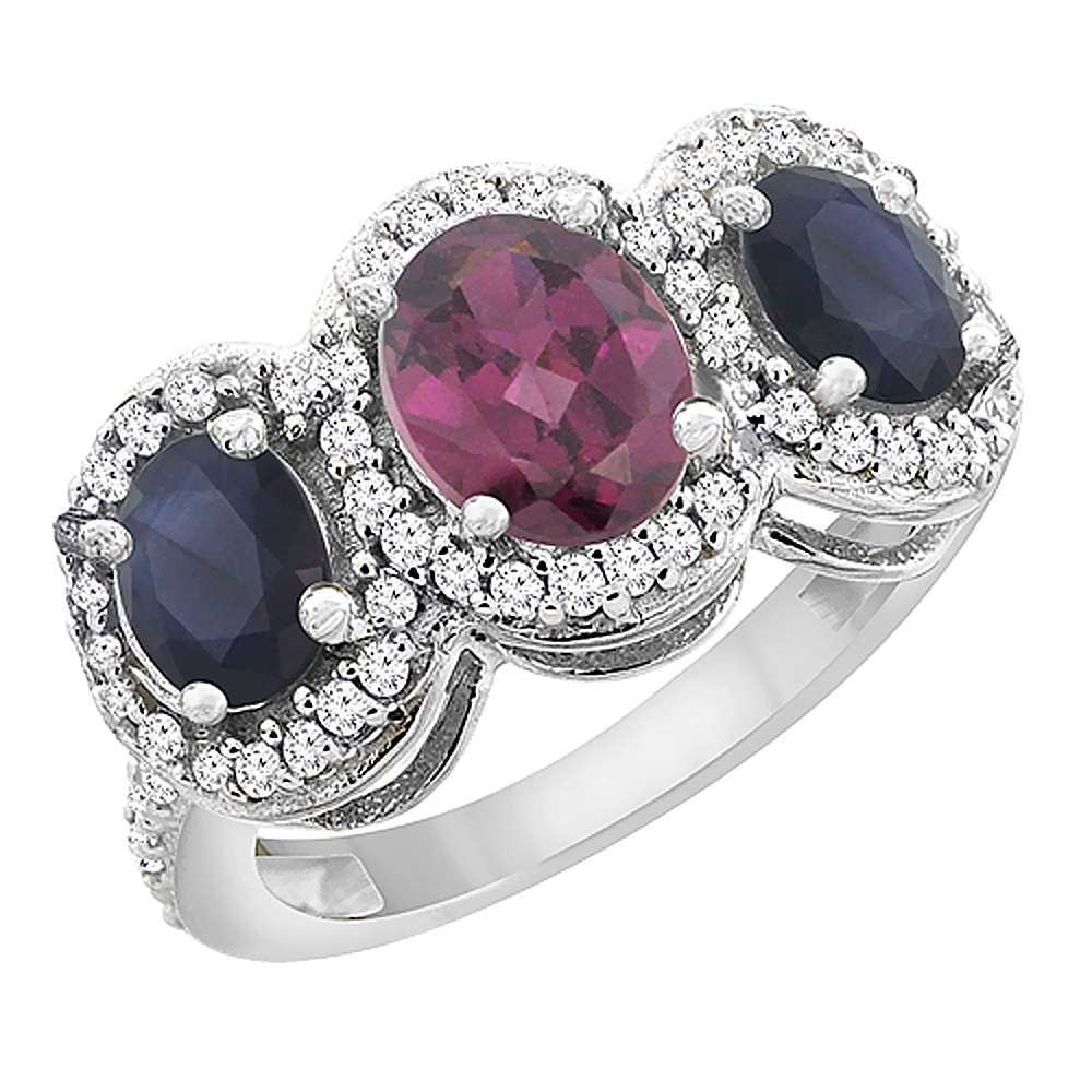 10K White Gold Natural Rhodolite &amp; Quality Blue Sapphire 3-stone Mothers Ring Oval Diamond Accent,sz5-10