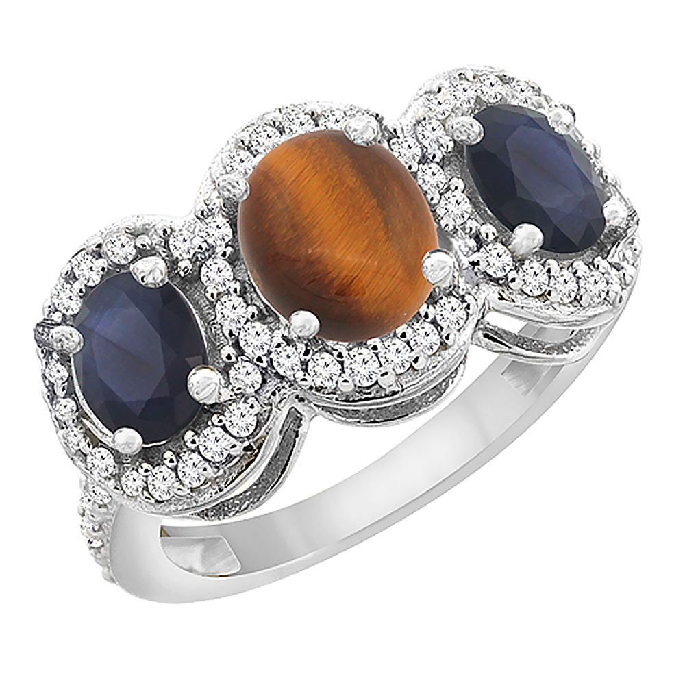 10K White Gold Natural Tiger Eye &amp; Quality Blue Sapphire 3-stone Mothers Ring Oval Diamond Accent,sz5-10