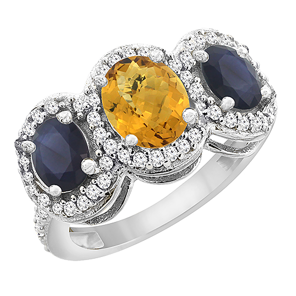 14K White Gold Diamond Natural Whisky Quartz & Quality Blue Sapphire Engagement Ring Oval , size5-10