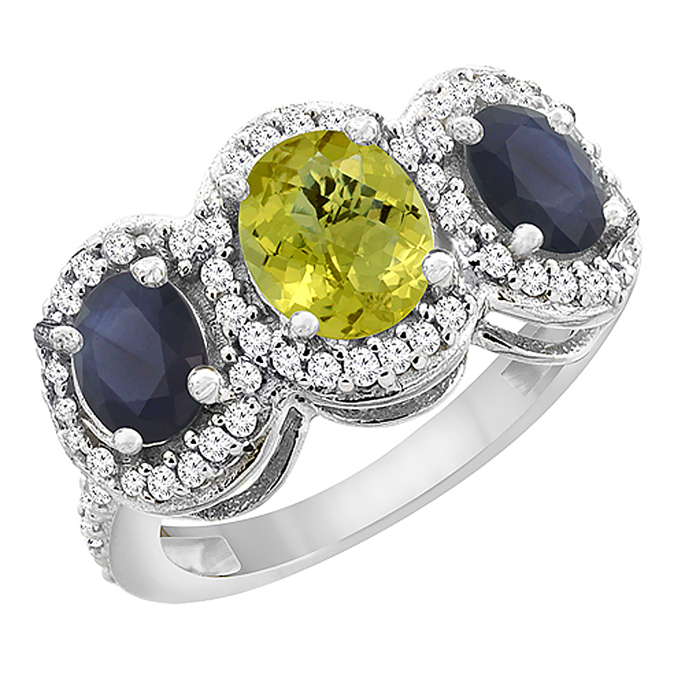 14K White Gold Diamond Natural Lemon Quartz & Quality Blue Sapphire Engagement Ring Oval , size 5 - 10