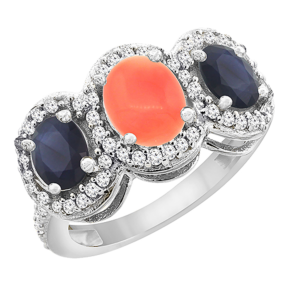 14K White Gold Natural Coral &amp; Quality Blue Sapphire 3-stone Mothers Ring Oval Diamond Accent, size5 - 10