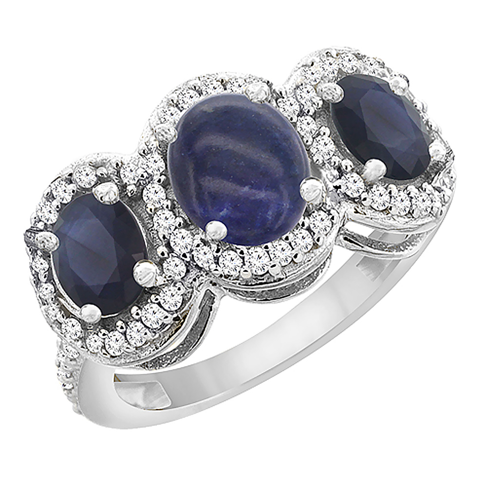 14K White Gold Natural Lapis & Quality Blue Sapphire 3-stone Mothers Ring Oval Diamond Accent, size5 - 10