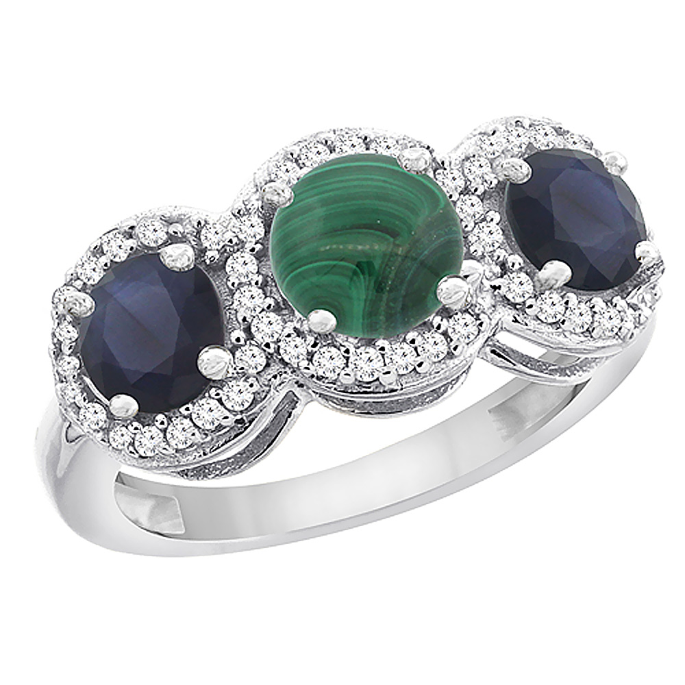 14K White Gold Natural Malachite &amp; High Quality Blue Sapphire Sides Round 3-stone Ring Diamond Accents, sizes 5 - 10