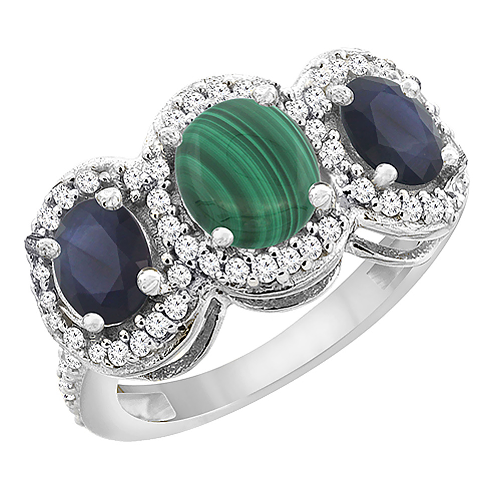 14K White Gold Natural Malachite &amp; Quality Blue Sapphire 3-stone Mothers Ring Oval Diamond Accent,sz5-10