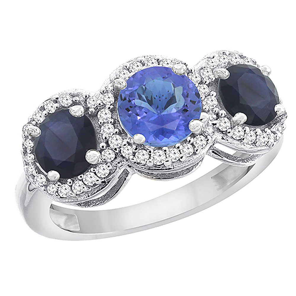 14K White Gold Natural Tanzanite & High Quality Blue Sapphire Sides Round 3-stone Ring Diamond Accents, sizes 5 - 10