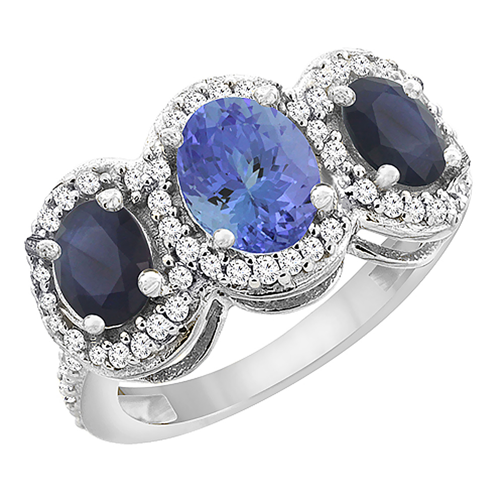 10K White Gold Natural Tanzanite &amp; Quality Blue Sapphire 3-stone Mothers Ring Oval Diamond Accent,sz5-10