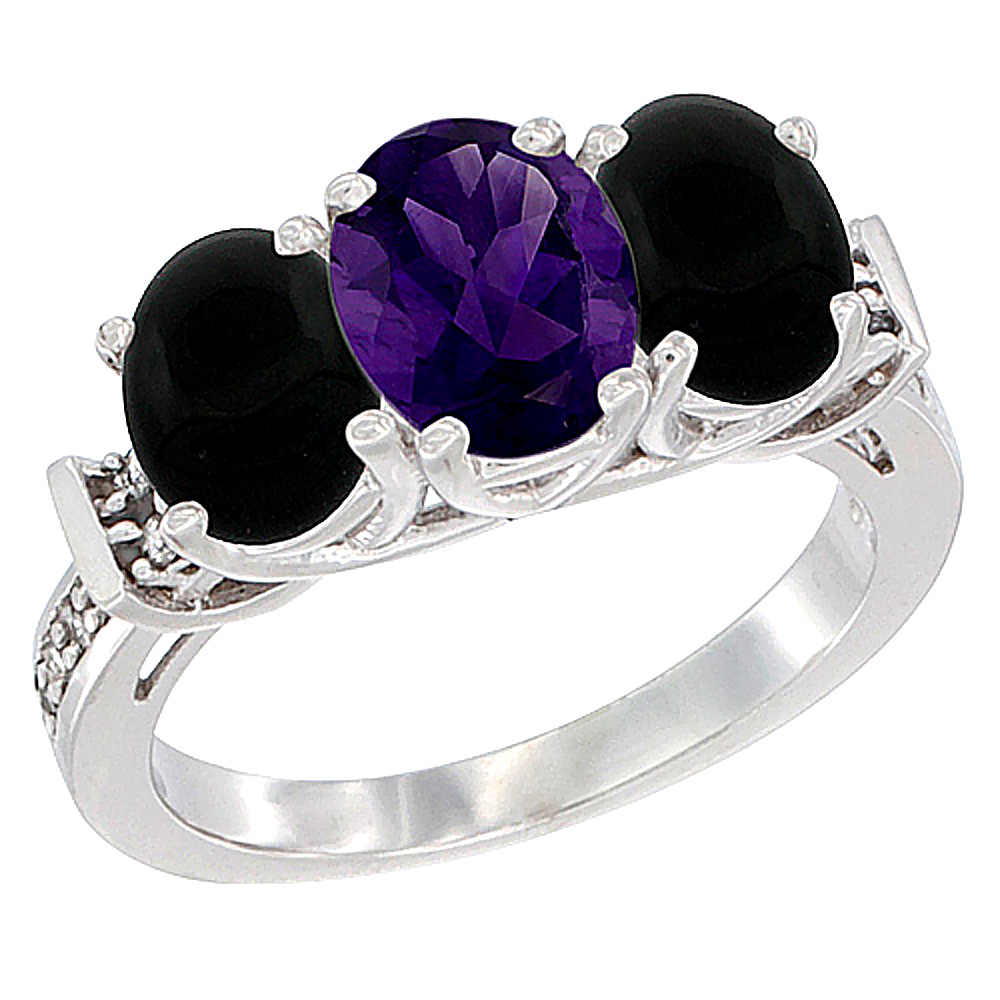10K White Gold Natural Amethyst & Black Onyx Sides Ring 3-Stone Oval Diamond Accent, sizes 5 - 10