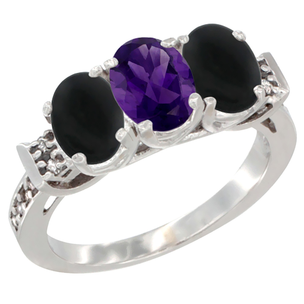 10K White Gold Natural Amethyst &amp; Black Onyx Sides Ring 3-Stone Oval 7x5 mm Diamond Accent, sizes 5 - 10