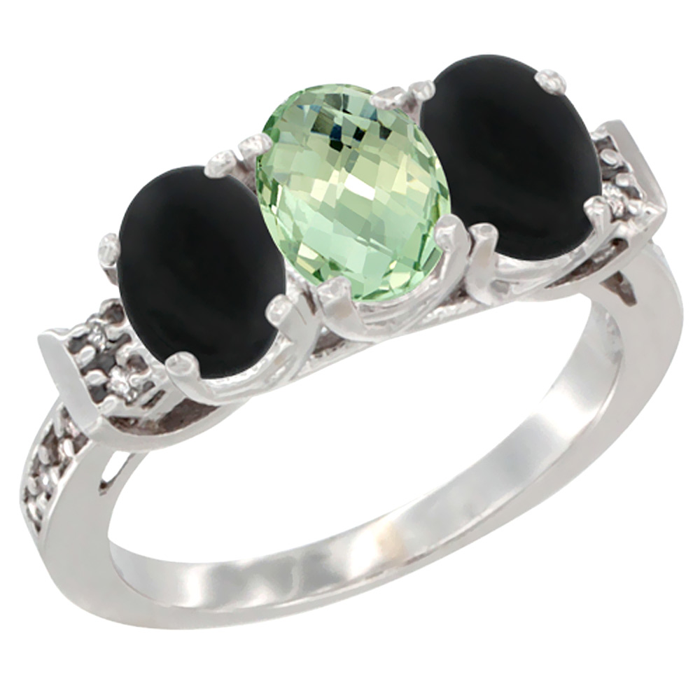 14K White Gold Natural Green Amethyst &amp; Black Onyx Sides Ring 3-Stone Oval 7x5 mm Diamond Accent, sizes 5 - 10