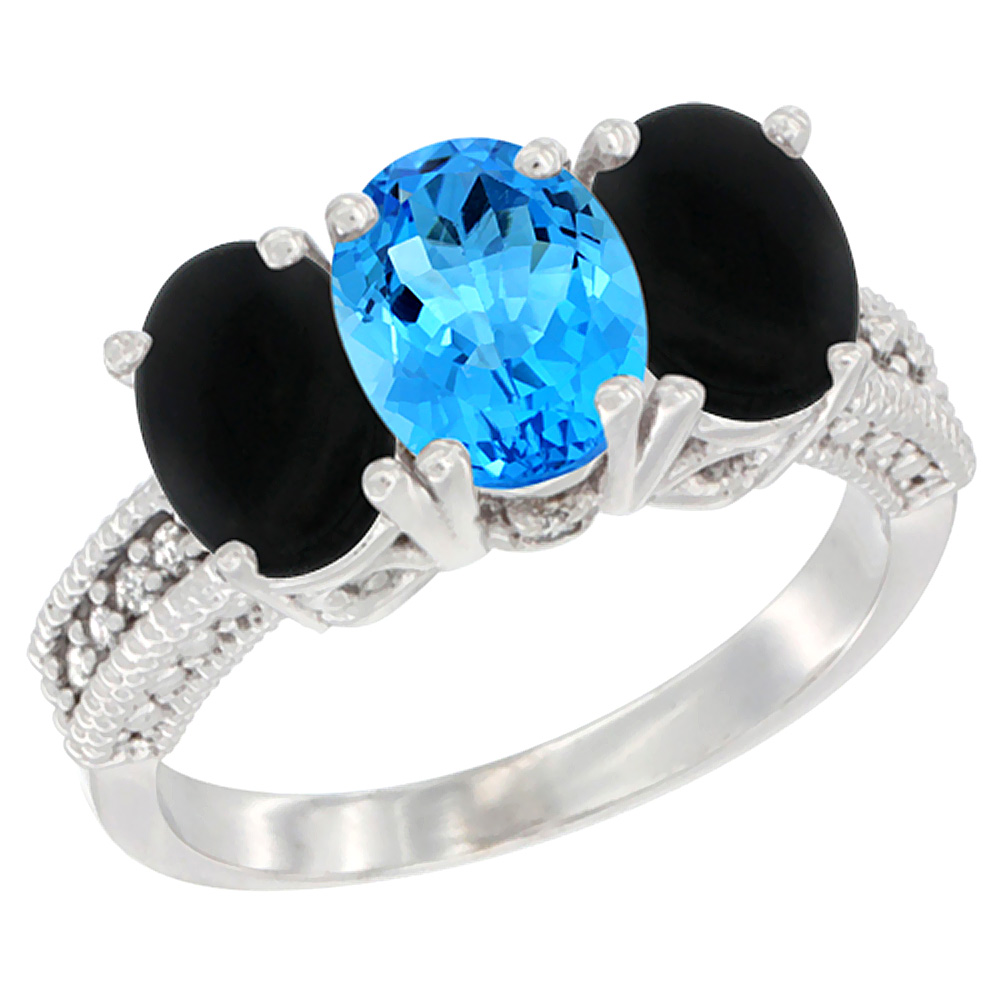 14K White Gold Natural Swiss Blue Topaz &amp; Black Onyx Sides Ring 3-Stone 7x5 mm Oval Diamond Accent, sizes 5 - 10