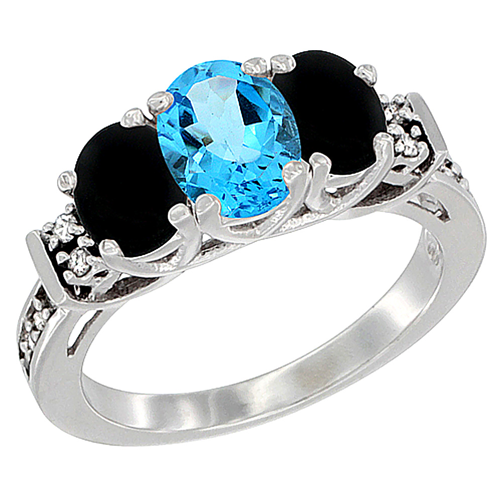 10K White Gold Natural Swiss Blue Topaz & Black Onyx Ring 3-Stone Oval Diamond Accent, sizes 5-10