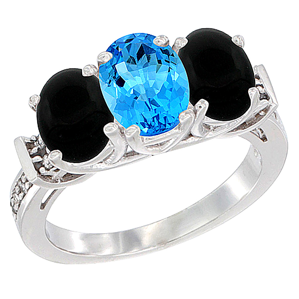 14K White Gold Natural Swiss Blue Topaz &amp; Black Onyx Sides Ring 3-Stone Oval Diamond Accent, sizes 5 - 10