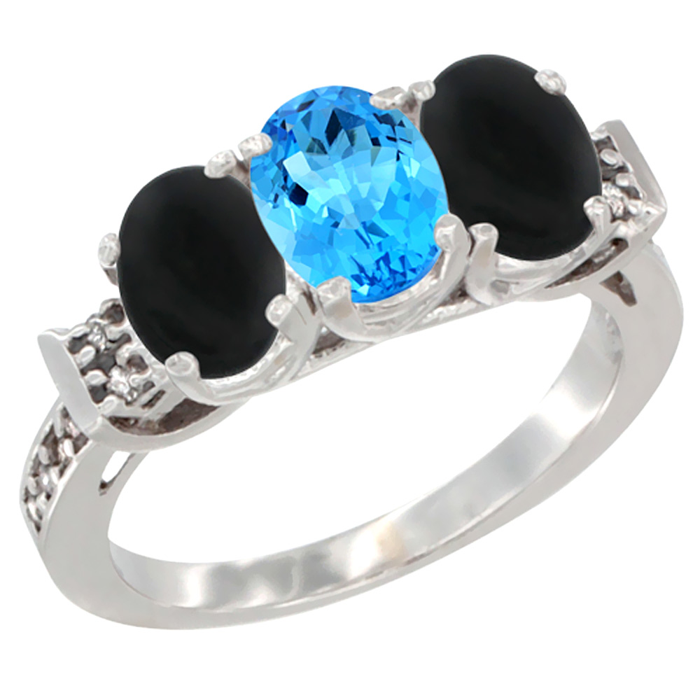 10K White Gold Natural Swiss Blue Topaz & Black Onyx Sides Ring 3-Stone Oval 7x5 mm Diamond Accent, sizes 5 - 10