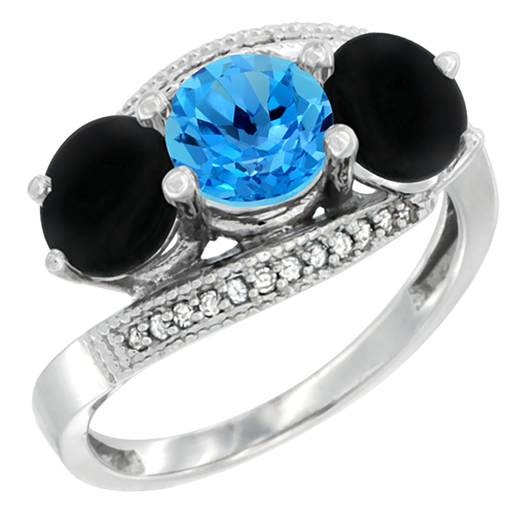 14K White Gold Natural Swiss Blue Topaz & Black Onyx Sides 3 stone Ring Round 6mm Diamond Accent, sizes 5 - 10