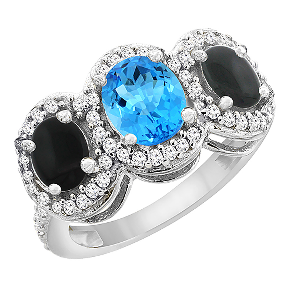 14K White Gold Natural Swiss Blue Topaz & Black Onyx 3-Stone Ring Oval Diamond Accent, sizes 5 - 10