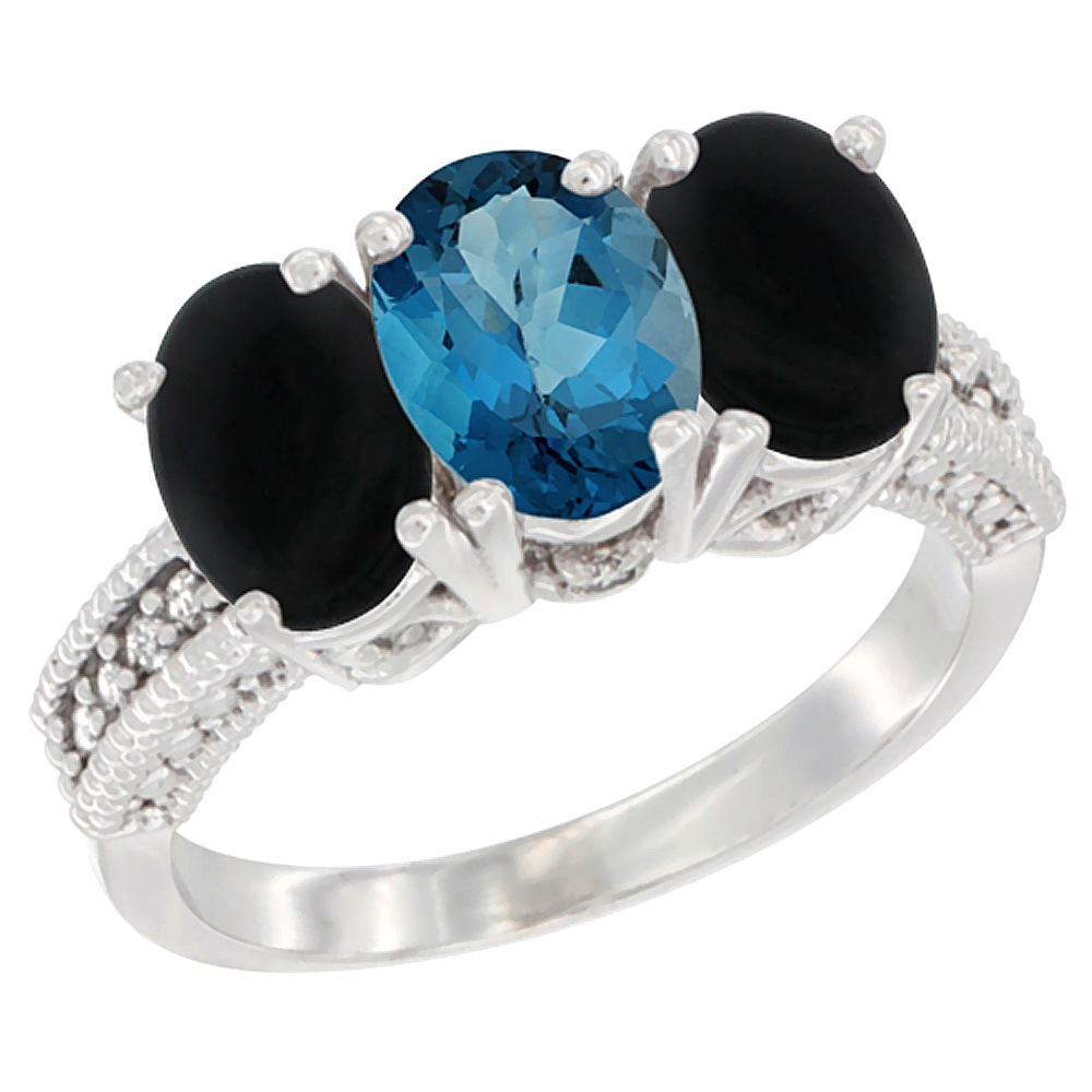 14K White Gold Natural London Blue Topaz &amp; Black Onyx Sides Ring 3-Stone 7x5 mm Oval Diamond Accent, sizes 5 - 10