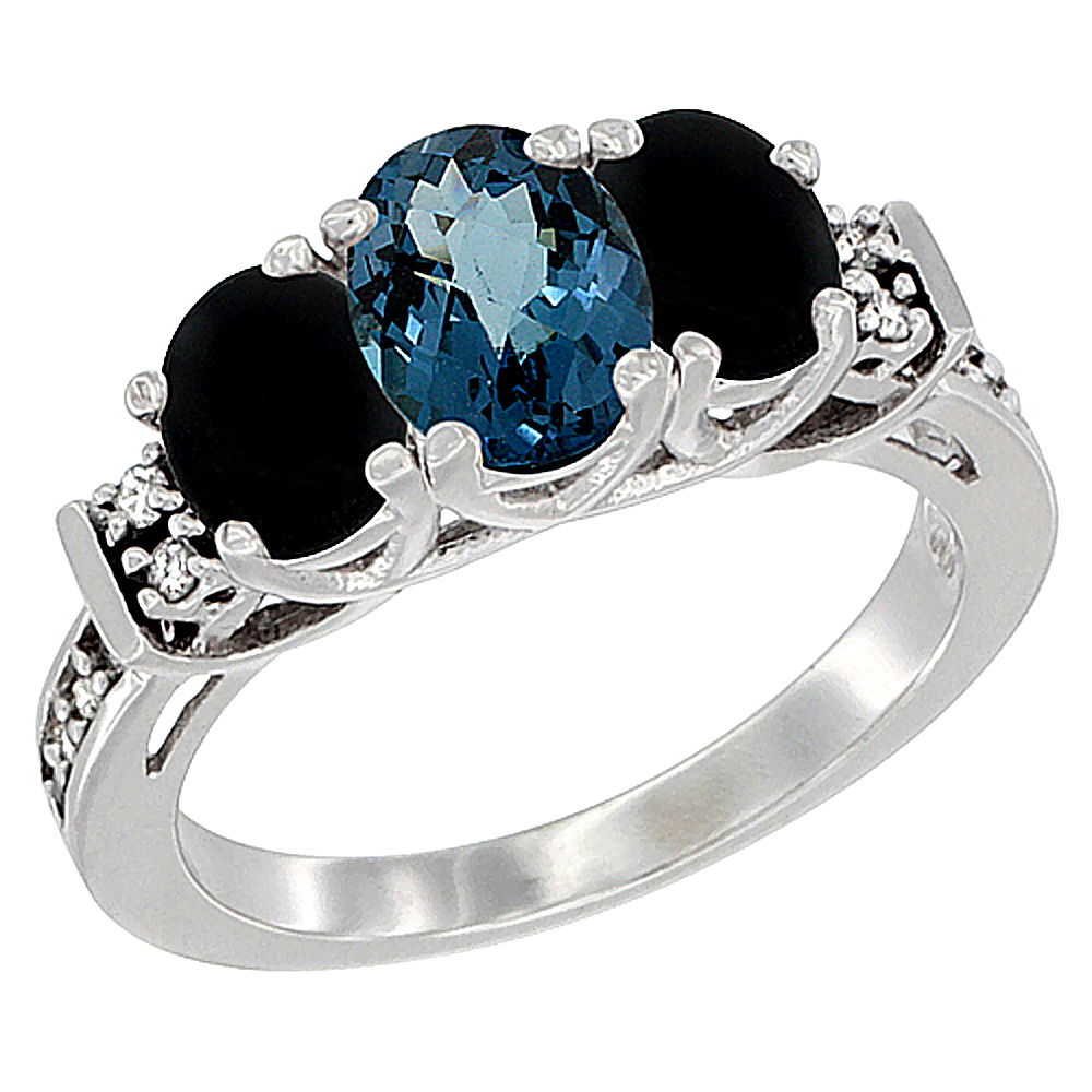 10K White Gold Natural London Blue Topaz & Black Onyx Ring 3-Stone Oval Diamond Accent, sizes 5-10