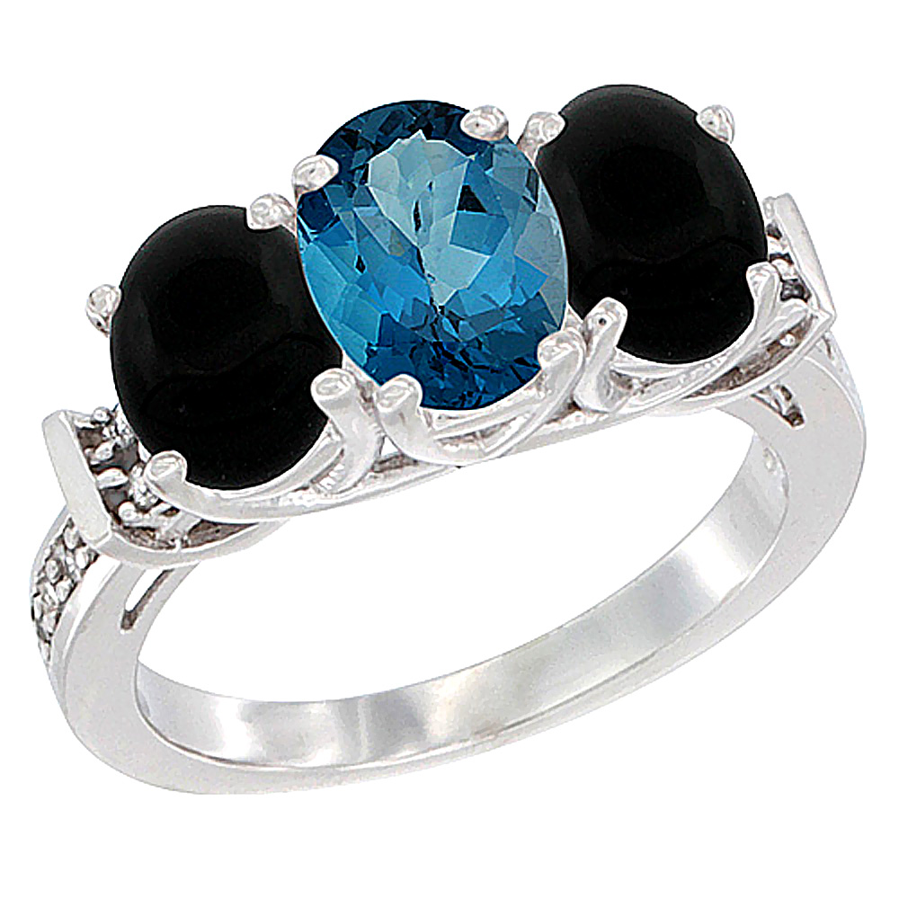14K White Gold Natural London Blue Topaz & Black Onyx Sides Ring 3-Stone Oval Diamond Accent, sizes 5 - 10