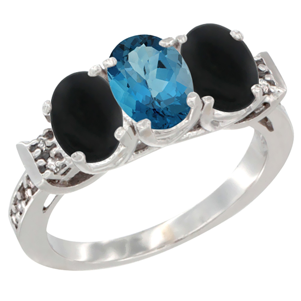 10K White Gold Natural London Blue Topaz &amp; Black Onyx Sides Ring 3-Stone Oval 7x5 mm Diamond Accent, sizes 5 - 10