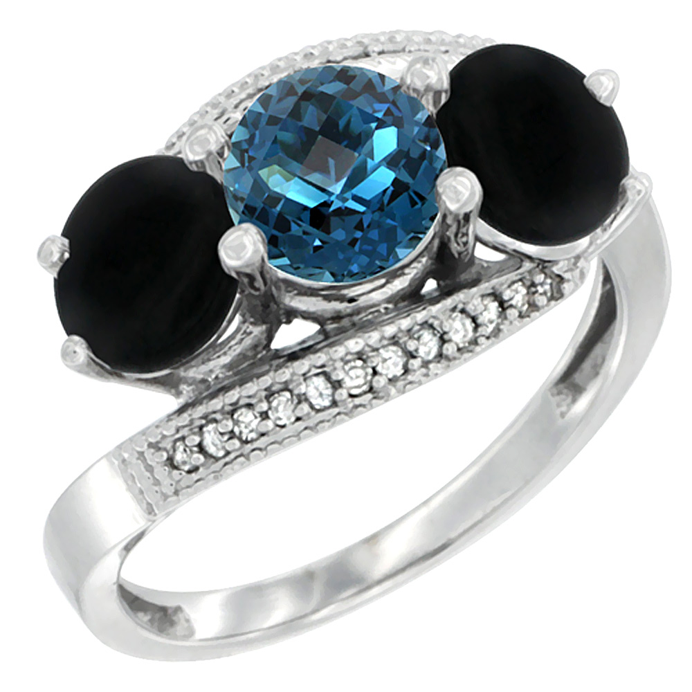 14K White Gold Natural London Blue Topaz & Black Onyx Sides 3 stone Ring Round 6mm Diamond Accent, sizes 5 - 10