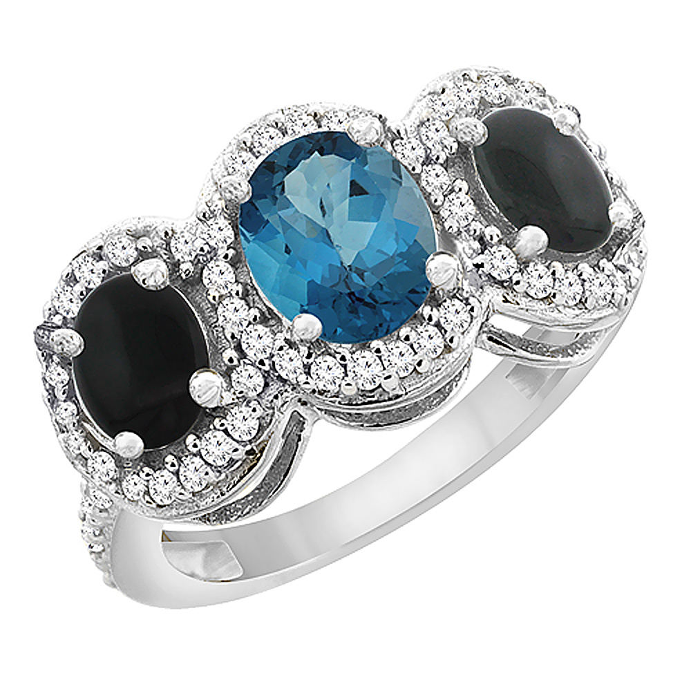 14K White Gold Natural London Blue Topaz & Black Onyx 3-Stone Ring Oval Diamond Accent, sizes 5 - 10