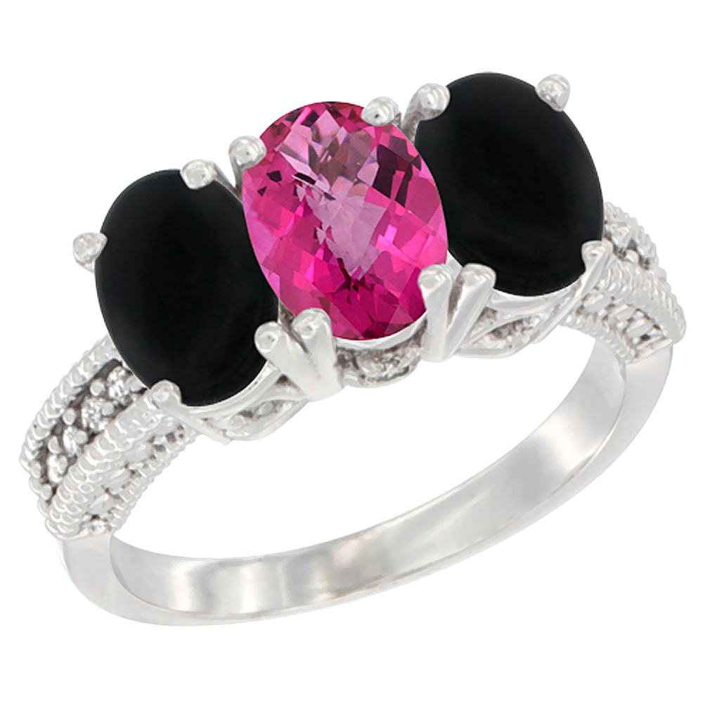 14K White Gold Natural Pink Topaz & Black Onyx Sides Ring 3-Stone 7x5 mm Oval Diamond Accent, sizes 5 - 10