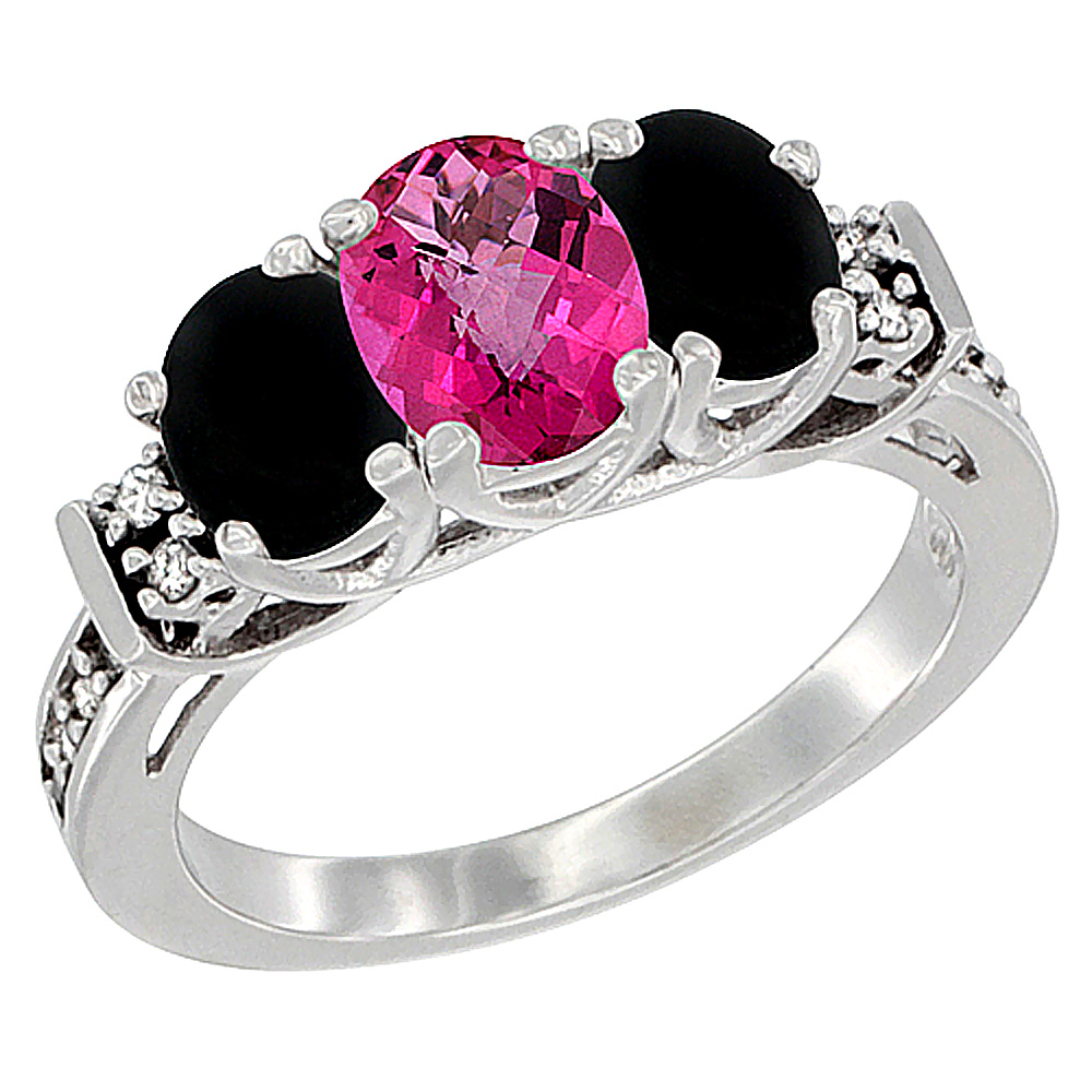 14K White Gold Natural Pink Topaz & Black Onyx Ring 3-Stone Oval Diamond Accent, sizes 5-10