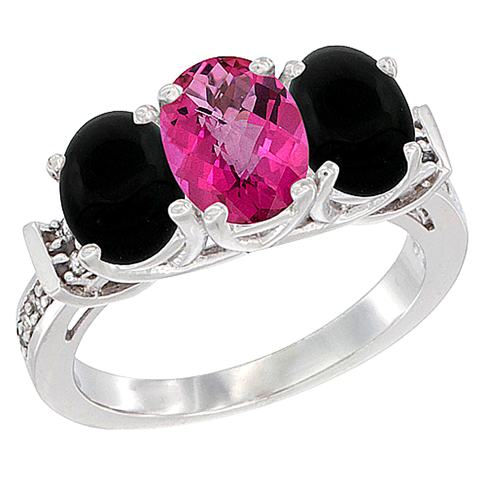 14K White Gold Natural Pink Topaz & Black Onyx Sides Ring 3-Stone Oval Diamond Accent, sizes 5 - 10