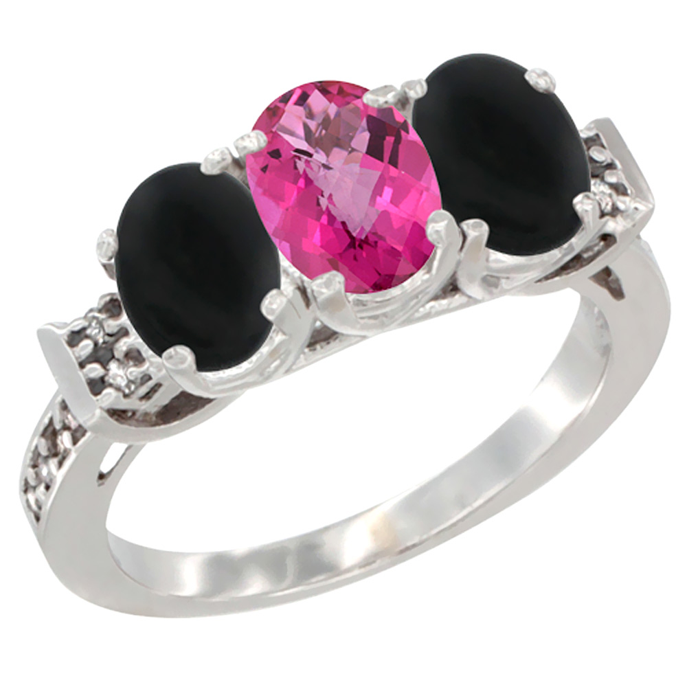 10K White Gold Natural Pink Topaz &amp; Black Onyx Sides Ring 3-Stone Oval 7x5 mm Diamond Accent, sizes 5 - 10